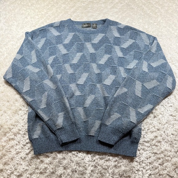 JT Beckett Mens XL Sweater Blue Geometric Knit Crew Neck Vintage Grandpa Preppy - Picture 1 of 8